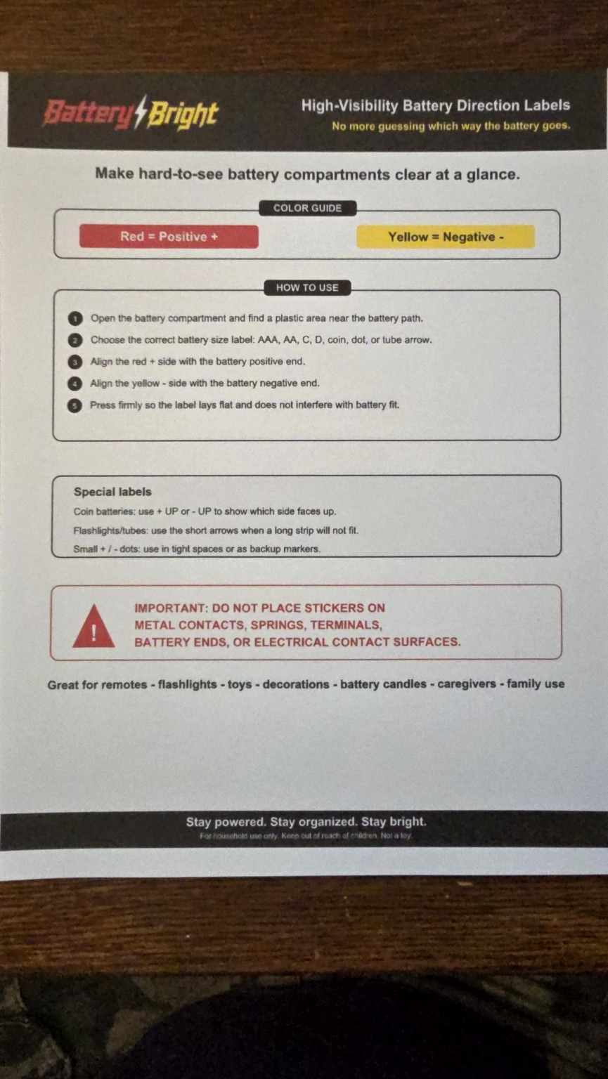 BatteryBright instruction guide explaining red positive and yellow negative labels